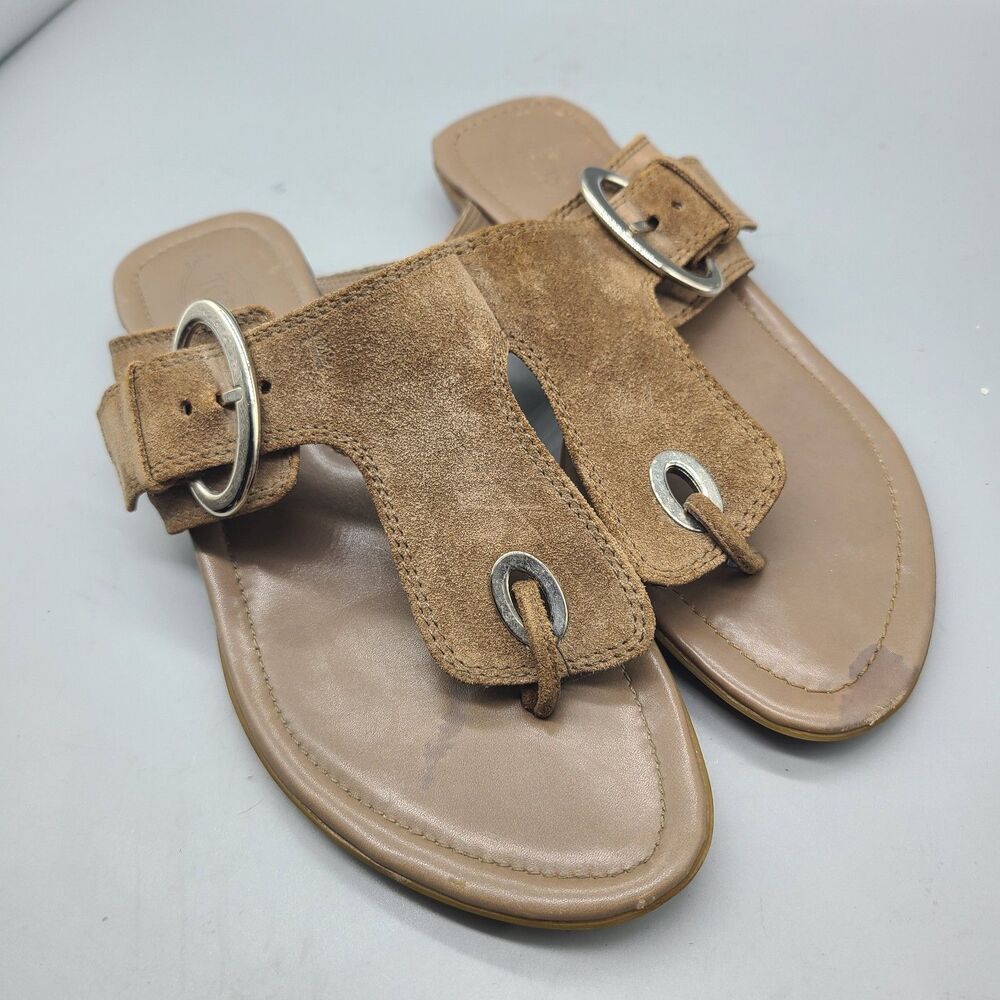 Tod's Tan Leather Suede Flat Thong Sandals slide Silver Buckle  Size 7/ 37